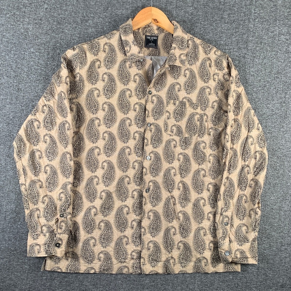 Todd Snyder Albiat Shirt Men Large Brown Paisley Seersucker Loop Collar Modern